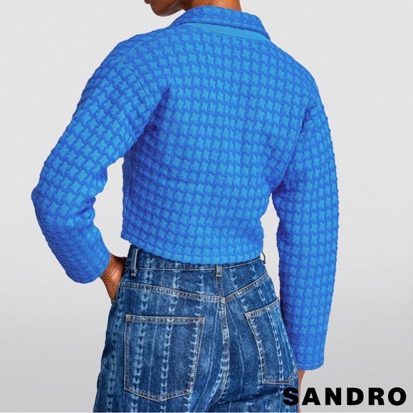 SANDRO Astier Cropped Tweed Coatigan in Electric Blue - Picture 7 of 12